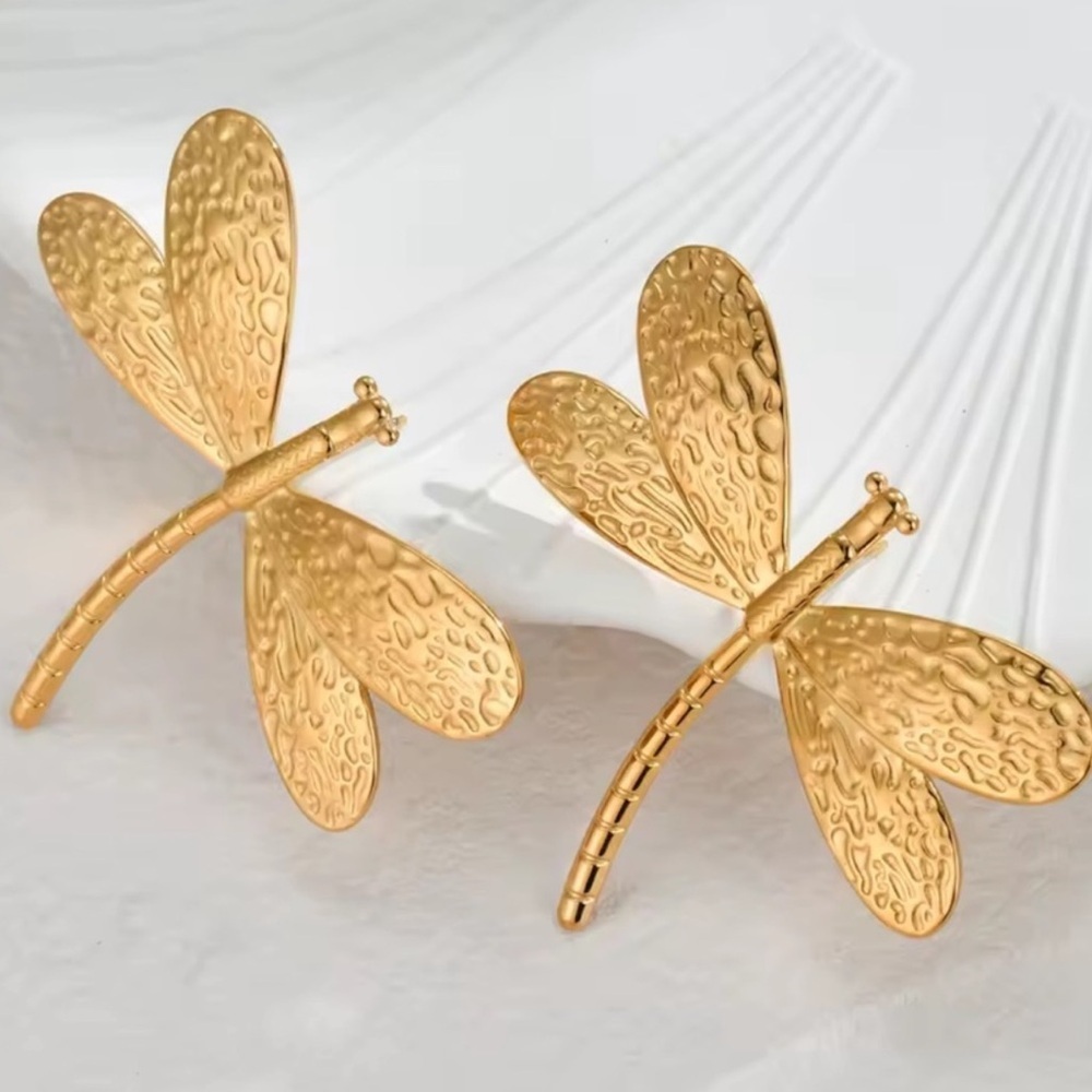 Gold Dragonfly Stud Earrings - Picture 4 of 8